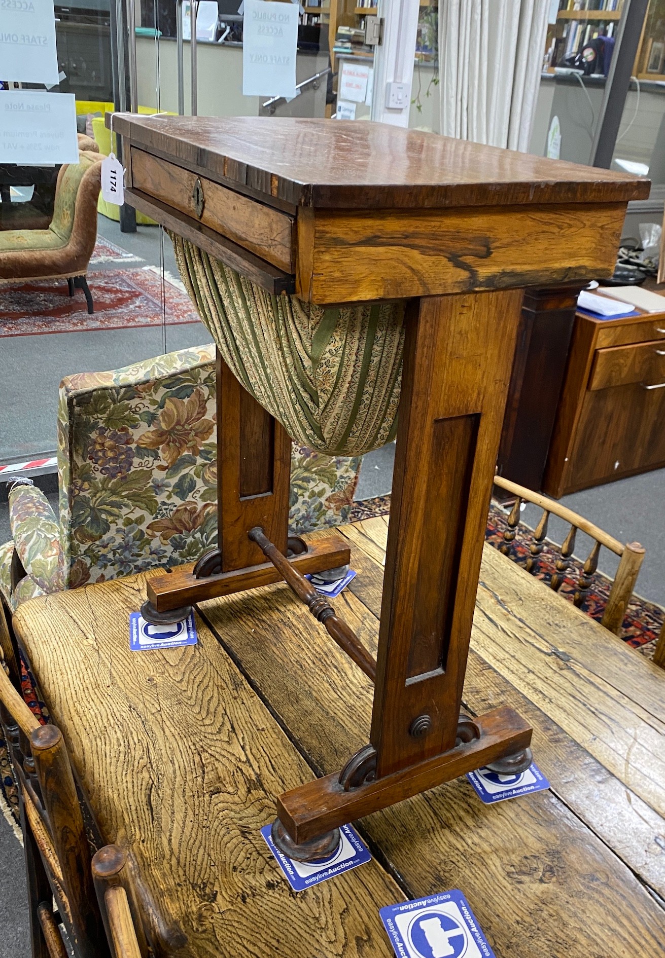 A Regency rosewood work table, width 50cm, depth 35cm, height 71cm
